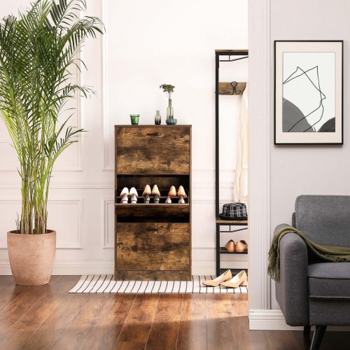 Skoskab med klapdøre 3 niveauer, smalt skab 60 × 24 × 120 cm, rustik brun