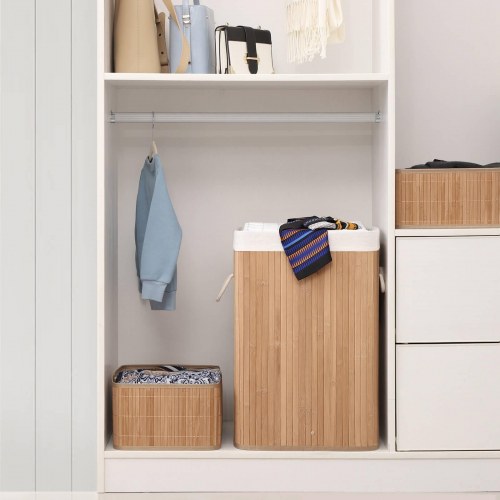 Vasketøjskurv bambus XL 72 l – SONGMICS, sammenklappelig med låg og aftagelig vaskepose, 40 × 30 × 60 cm, natur