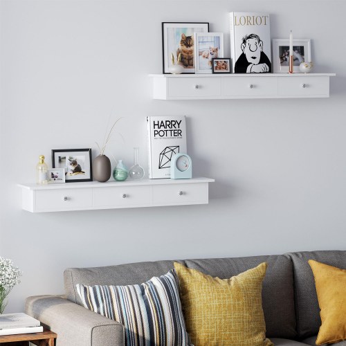 Væghylde med skuffer – SONGMICS flydende hylde, 80 × 15 × 10 cm, højglans hvid, 3 skuffer