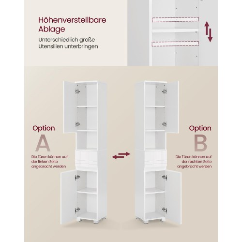 Højt smalt badeværelsesskab – SONGMICS VASAGLE, 30 × 30 × 170 cm, hvid, med skuffe og justerbare hylder