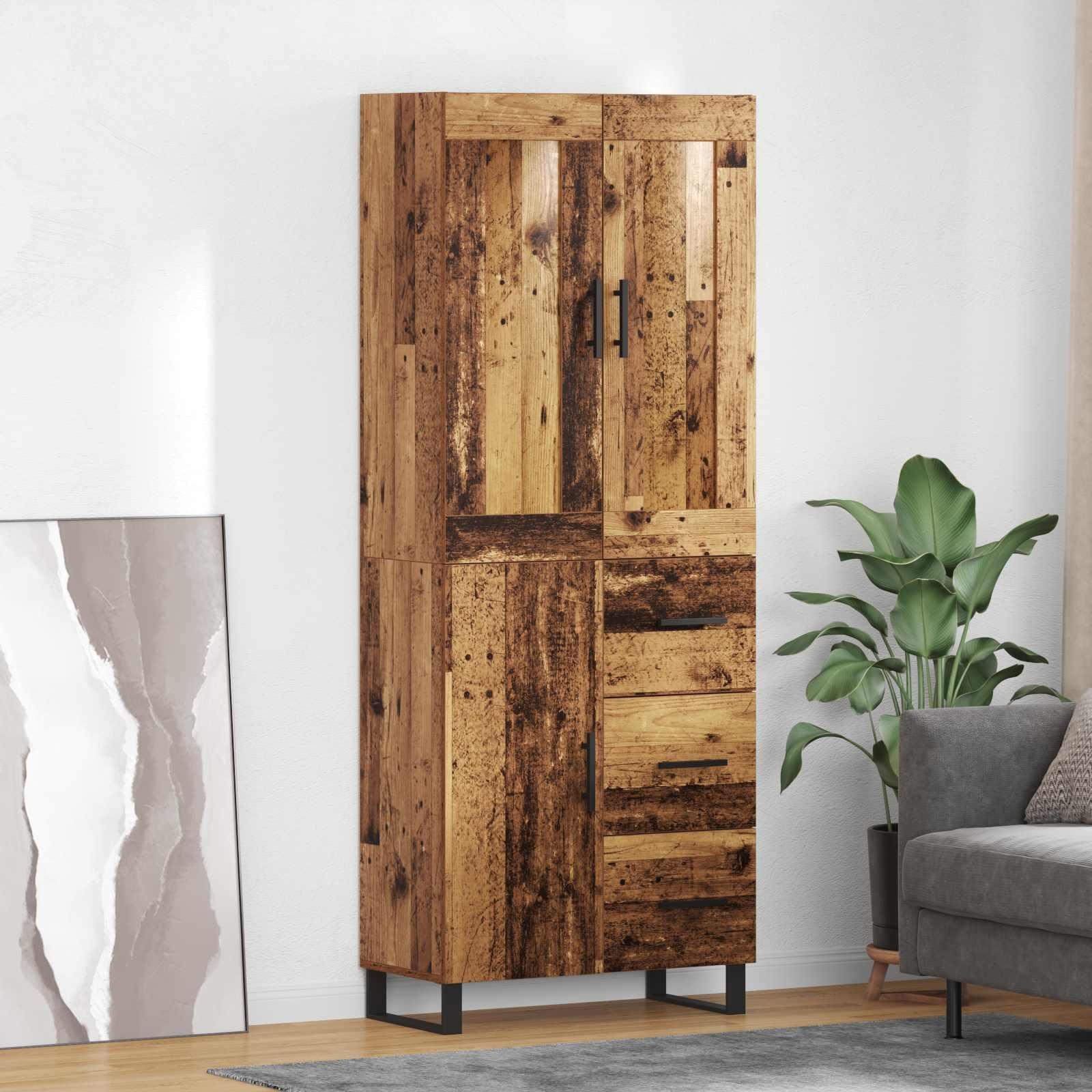 Highboard 69,5 X 34 X 180 Cm Konstrueret Træ - Gammelt træ / 1 låge 3 skuffer