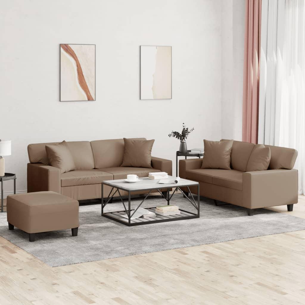 Sofasæt i kunstlæder med puder og fodskammel - cappuccino, 3 dele
