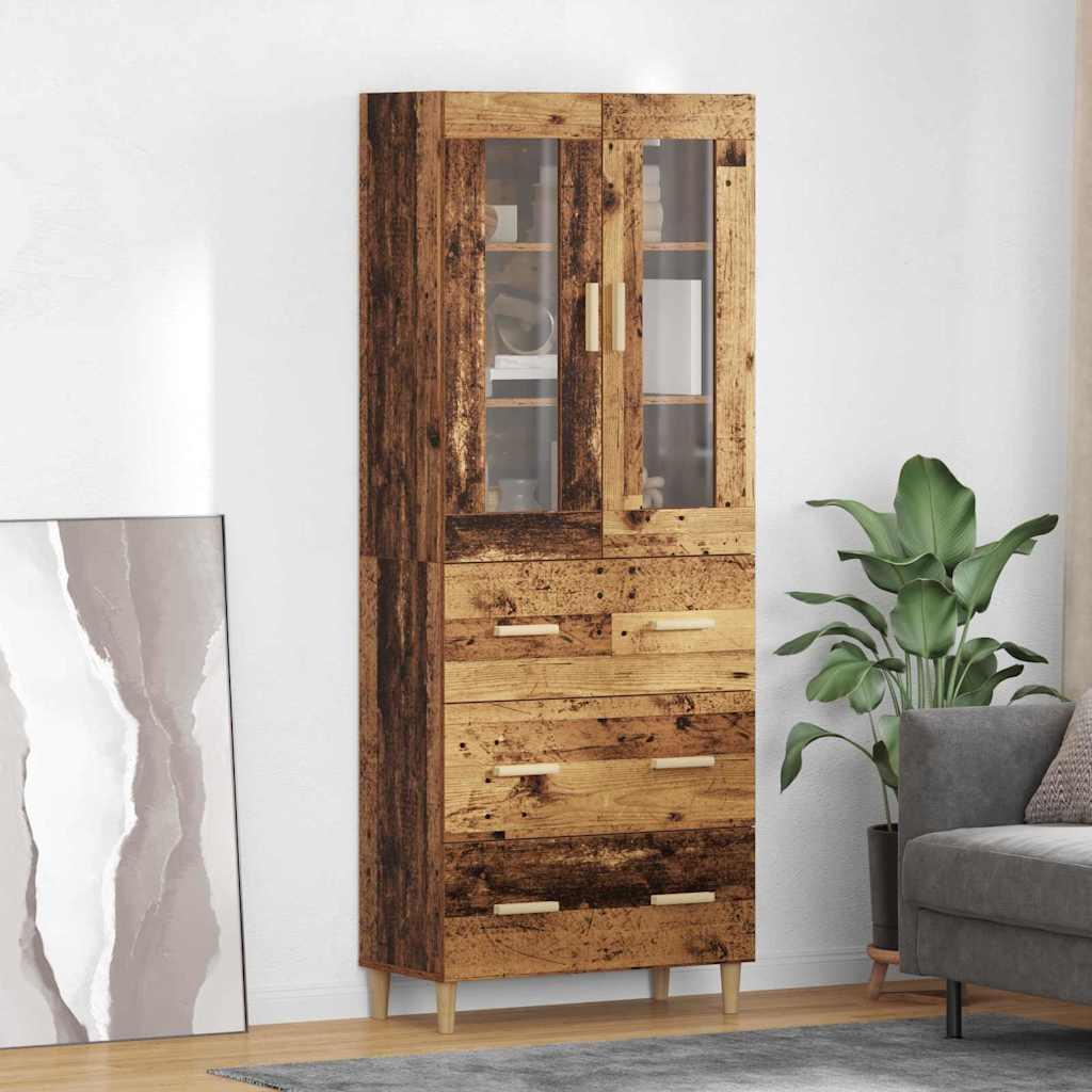 Highboard i gammelt trælook 69,5 × 34 × 180 cm - ingeniørtræ og glas