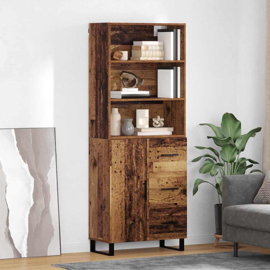 Highboard med skuffer og dør - gammelt træ look, konstrueret træ