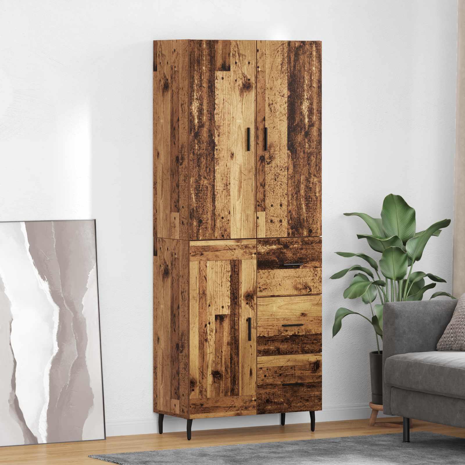 Highboard med skuffer - gammelt træ look i konstrueret træ og glas, 69,5 × 34 × 180 cm