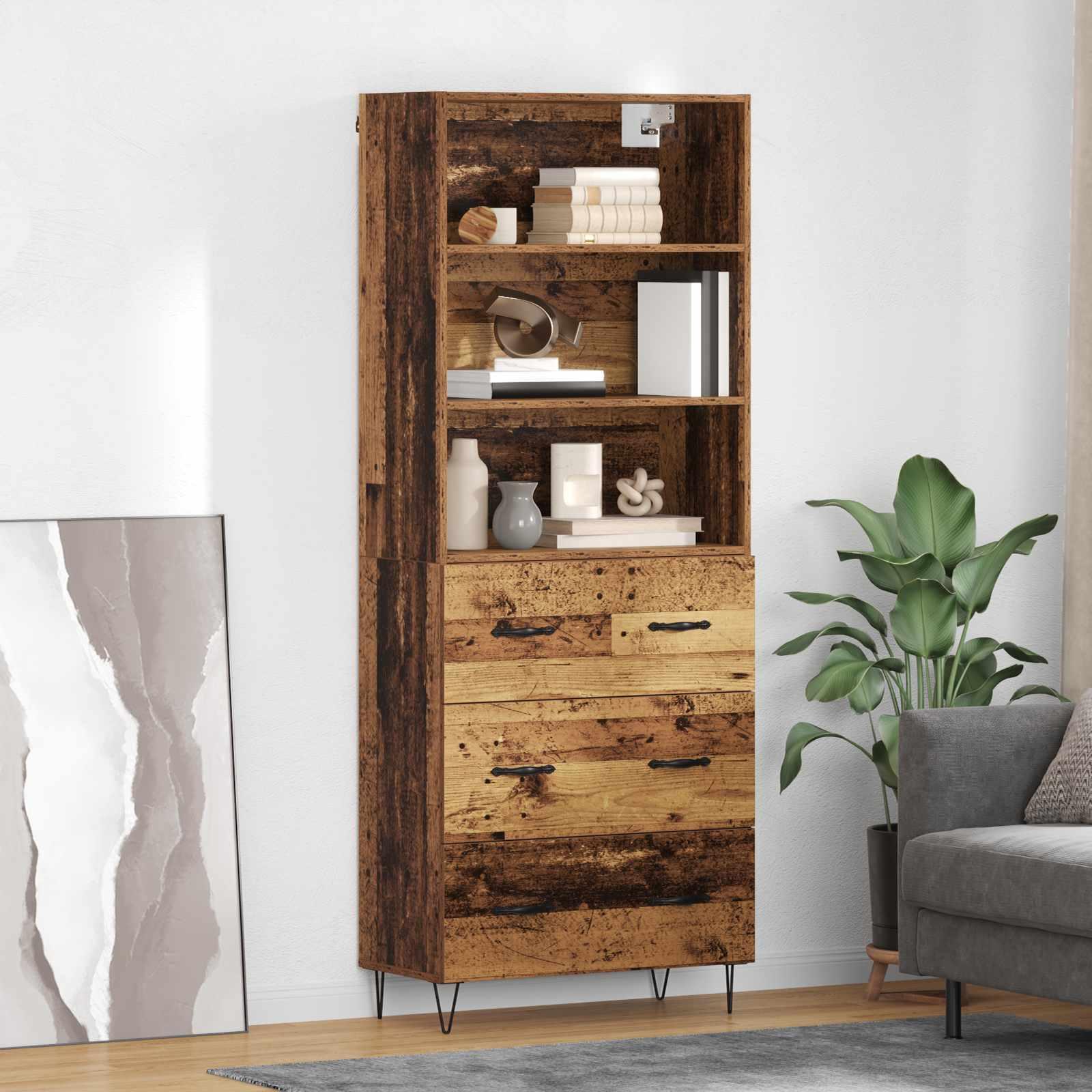 Højskab 69,5X34X180 Cm Konstrueret Træ - Gammelt træ / 3 skuffer