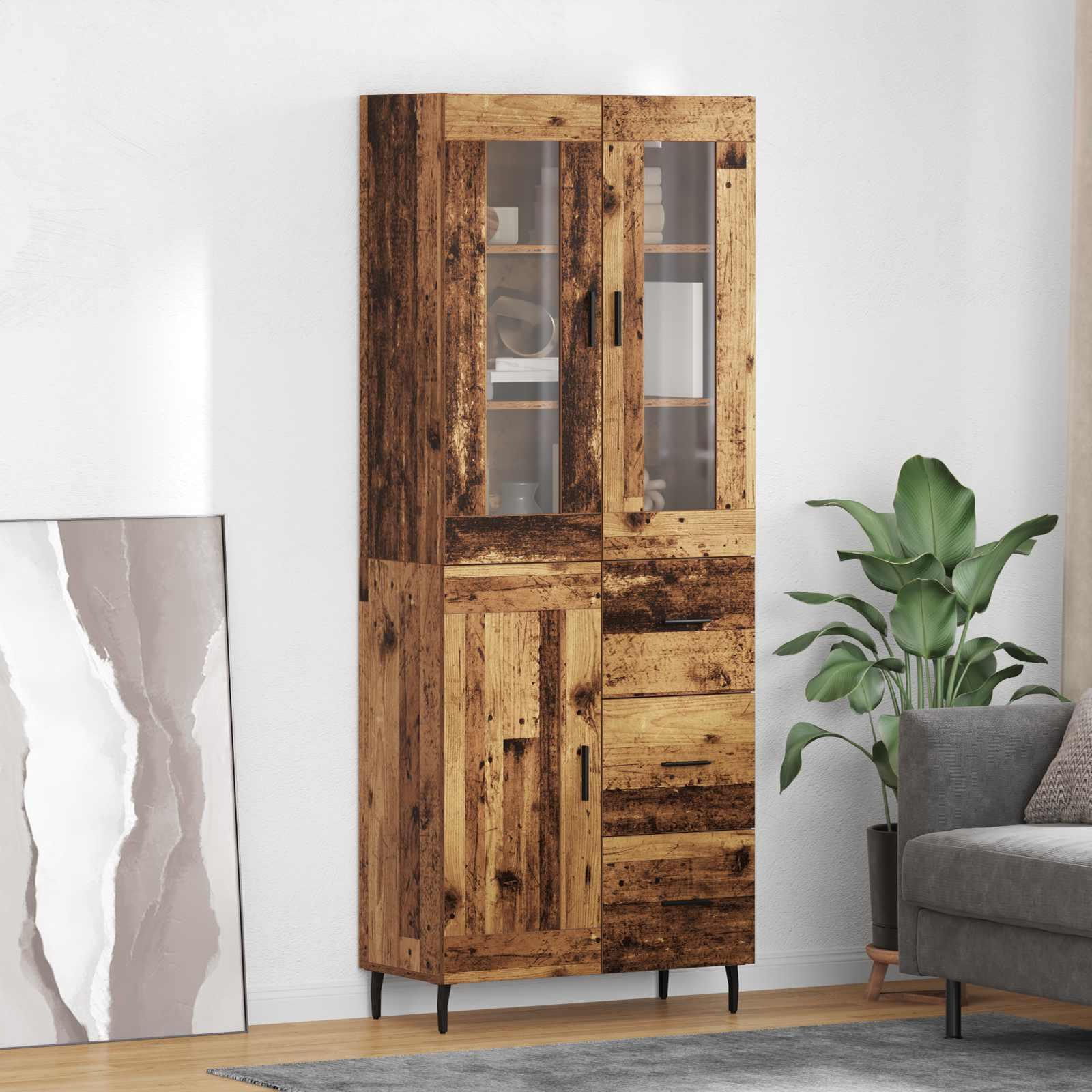 Highboard med skuffe 2 stk Gammelt træ Ingeniørtræ og glas