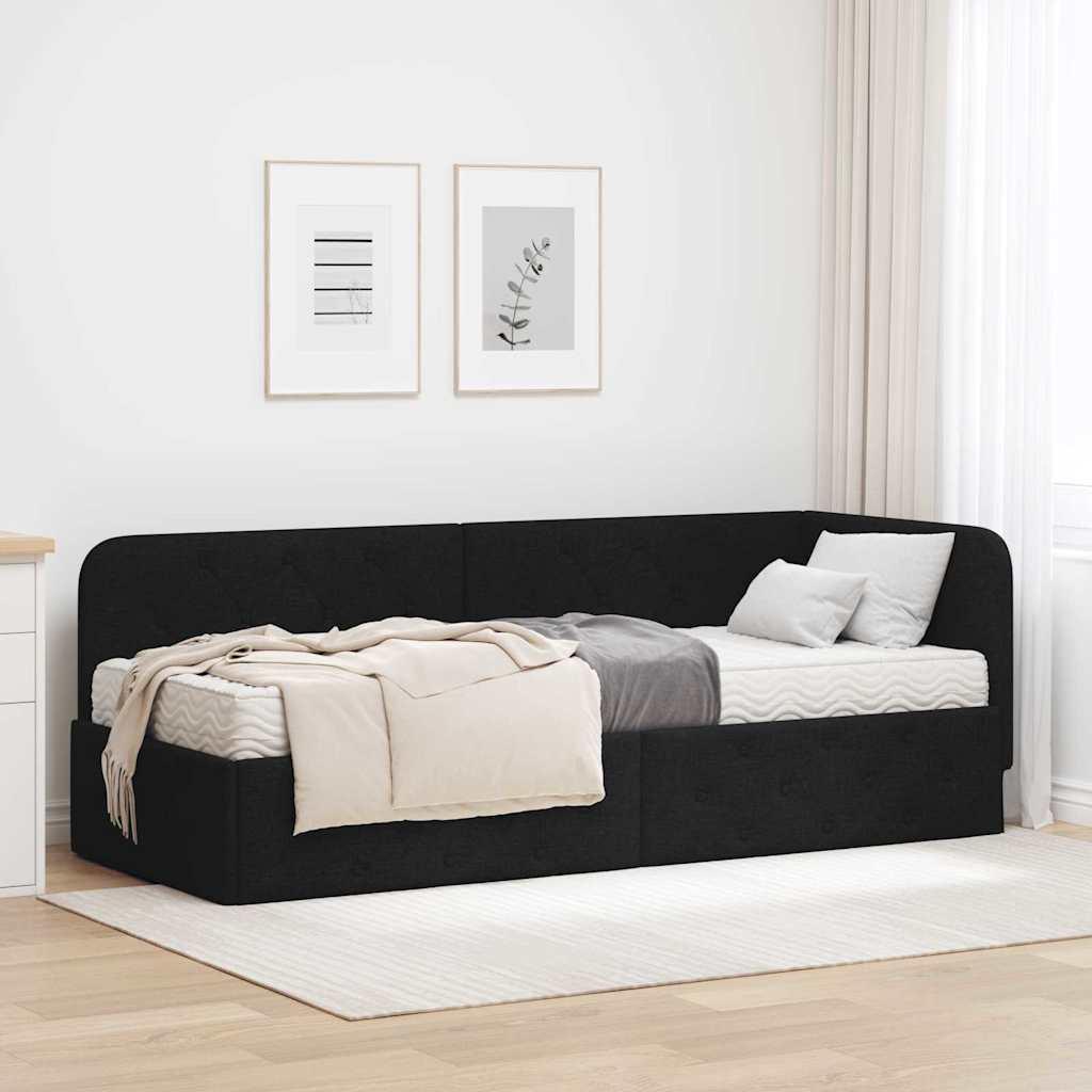 Hjørnesengramme med madras med hovedgærde Sort 80 x 200 cm Stof