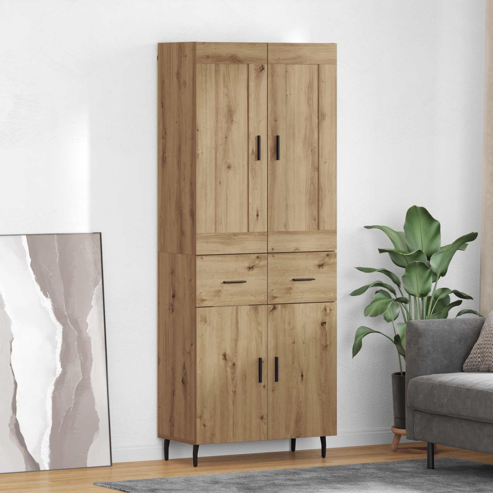 Highboard i artisan egetræ 69,5 x 34 x 180 cm med 4 døre og 2 skuffer