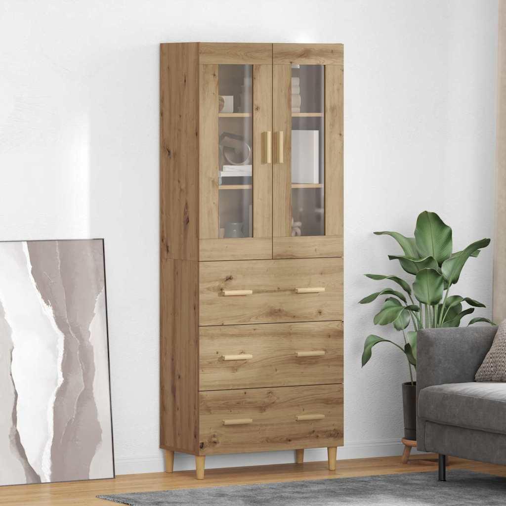 Highboard i artisan egetrælook 69,5 × 34 × 180 cm - ingeniørtræ og glas