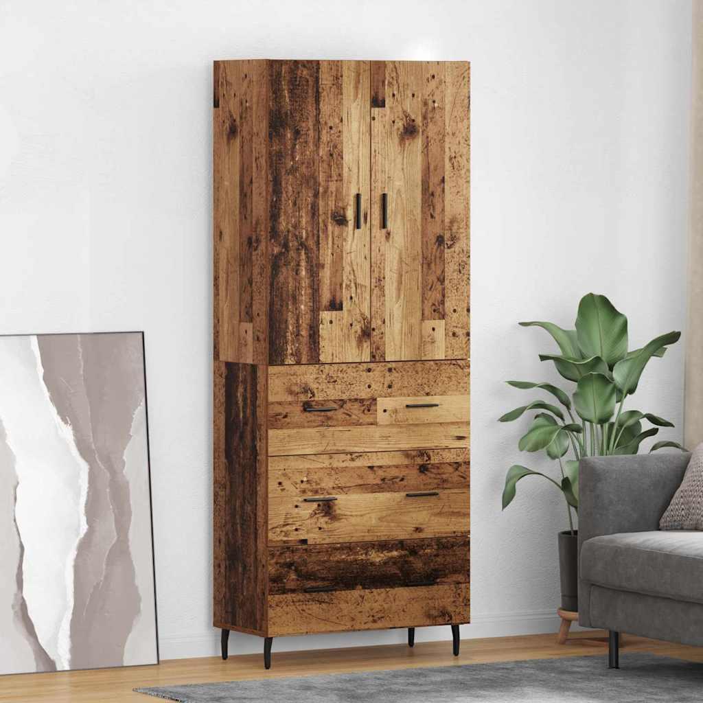 Highboard med skuffe - gammelt træ look i konstrueret træ og glas, 69,5×34×180 cm