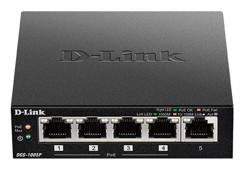 Netværksswitch D-Link DGS-1005P/E - uadministreret Gigabit med PoE, sort
