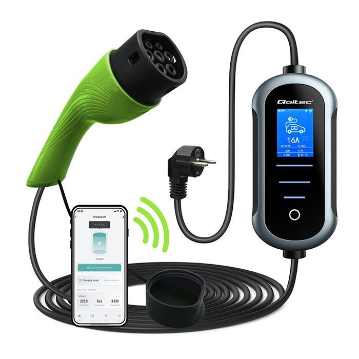 Qoltec mobil EV-oplader med justerbar 2in1 Type2 | 3,5kW | 230V | Wi-fi | TUYA | SMART LIFE | LCD | Bærbar | 5m