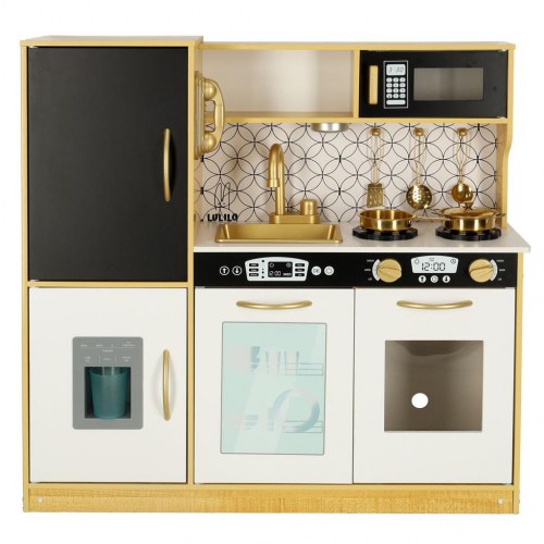 Legekøkken i træ til børn med køleskab – guld