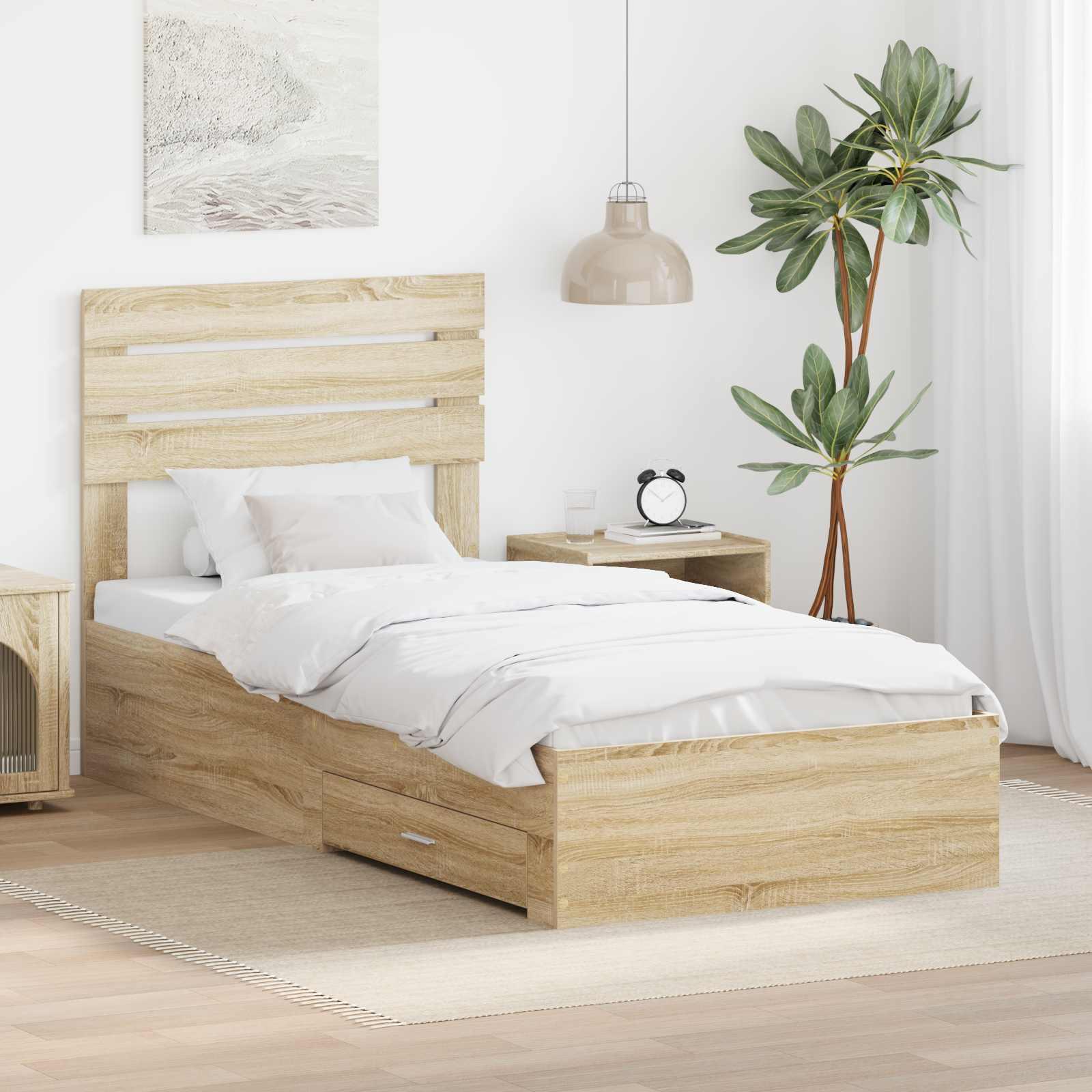 Sengestel med opbevaring - Sonoma eg/sølv, 75 × 190 cm, konstrueret træ