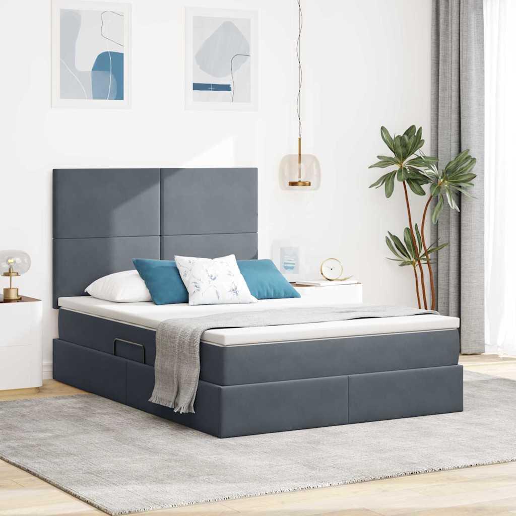 Seng Med Opbevaring Og Madras Fløjl - Mørkegrå / 140 x 200 cm / Med ensartet mønster