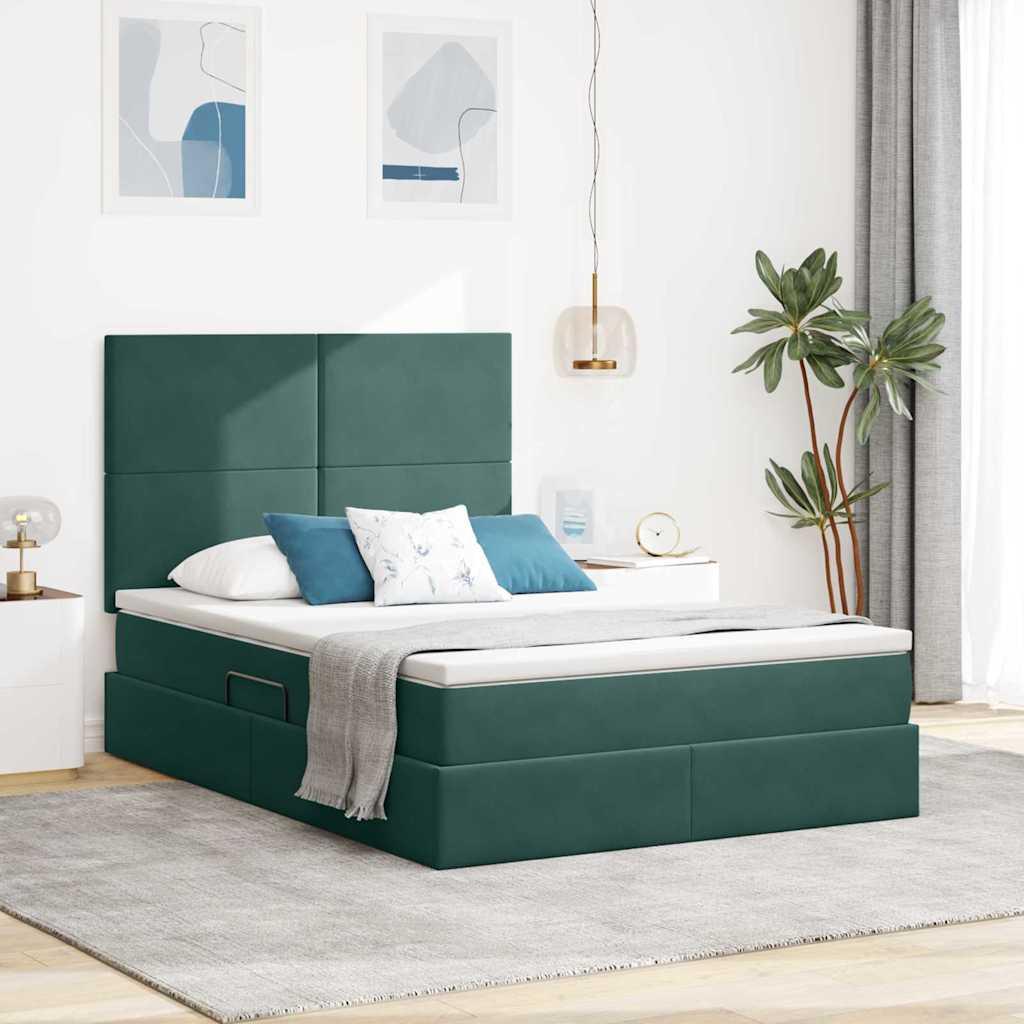 Seng Med Opbevaring Og Madras Fløjl - Mørkegrøn / 140 x 190 cm / Med ensartet mønster