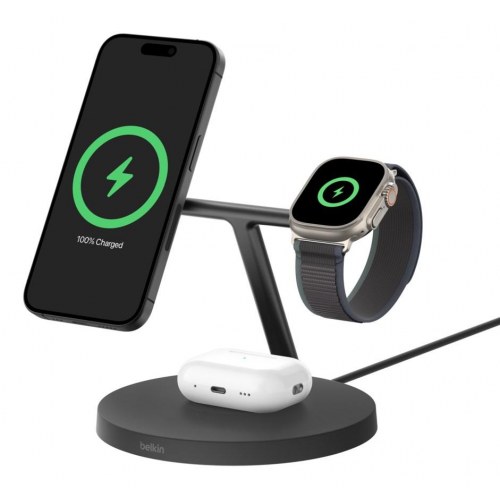 Trådløs oplader 3-i-1 Belkin BoostCharge Pro – sort, Qi2/MagSafe, hurtigopladning