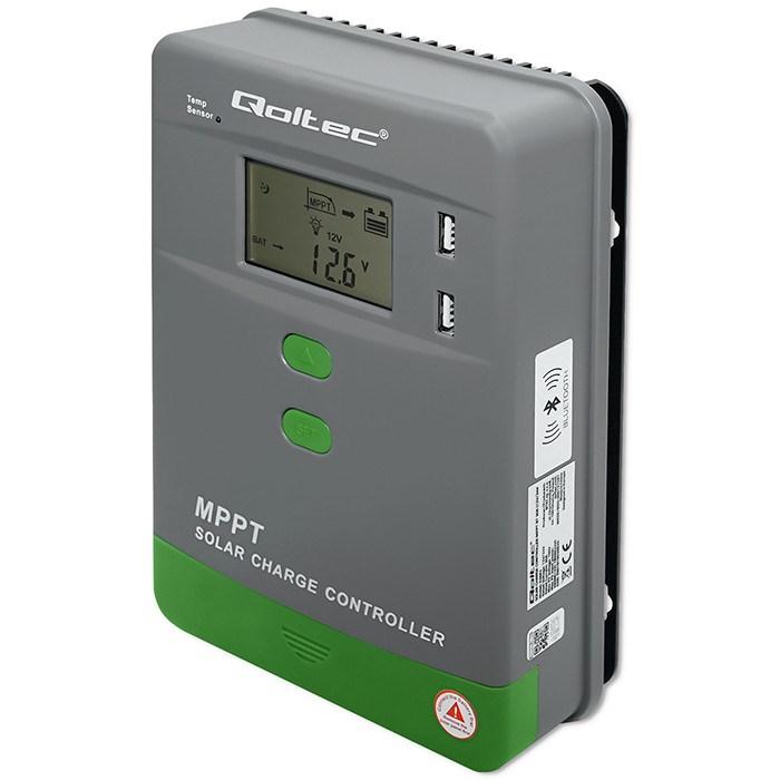 „Qoltec MPPT“ saulės įkrovimo valdiklis su temperatūros jutikliu 40A | 12V / 24V | LCD | 2 x USB | „Bluetooth“ | programėlė | GEL | LiFePO4