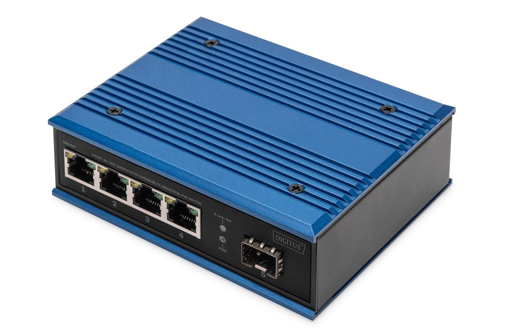 Netværksswitch Gigabit med PoE – DIGITUS 4 porte, industriel, unmanaged, 1 SFP uplink billede