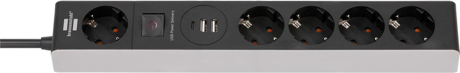 Stikdåse med 5 udtag og USB - Brennenstuhl, 1,5 m, IP20, sort/grå billede