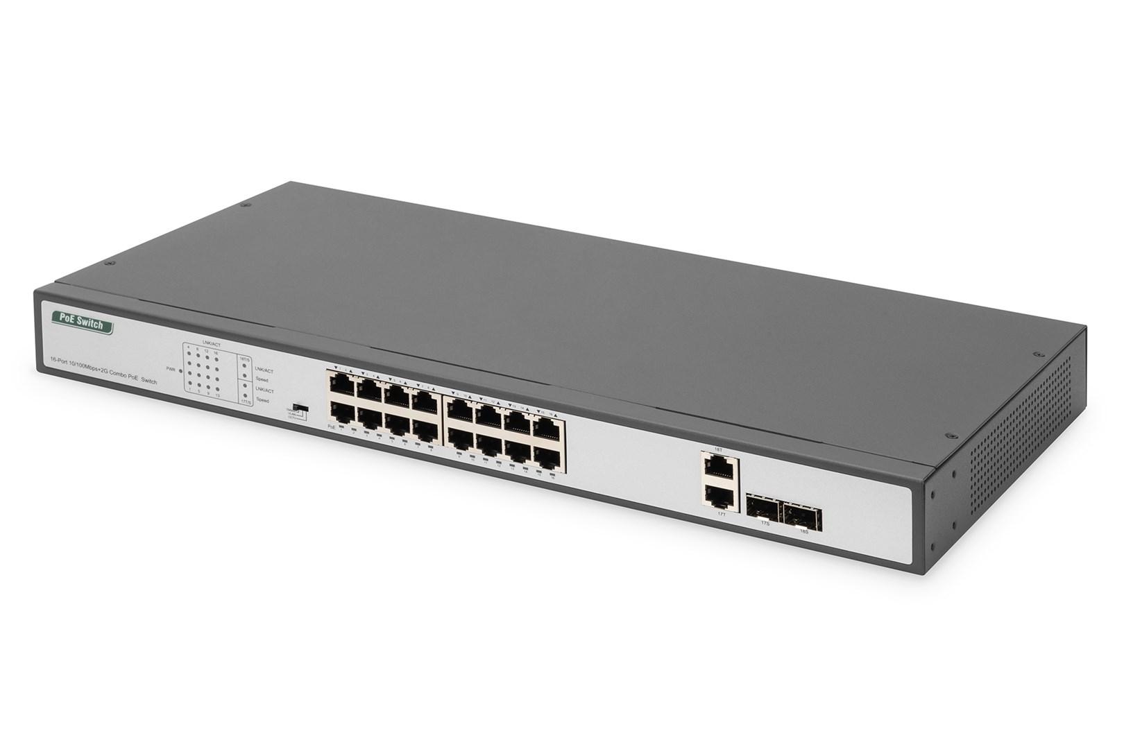 Netværksswitch DIGITUS 16-port Fast Ethernet PoE, 19", unmanaged, 2 uplinks billede