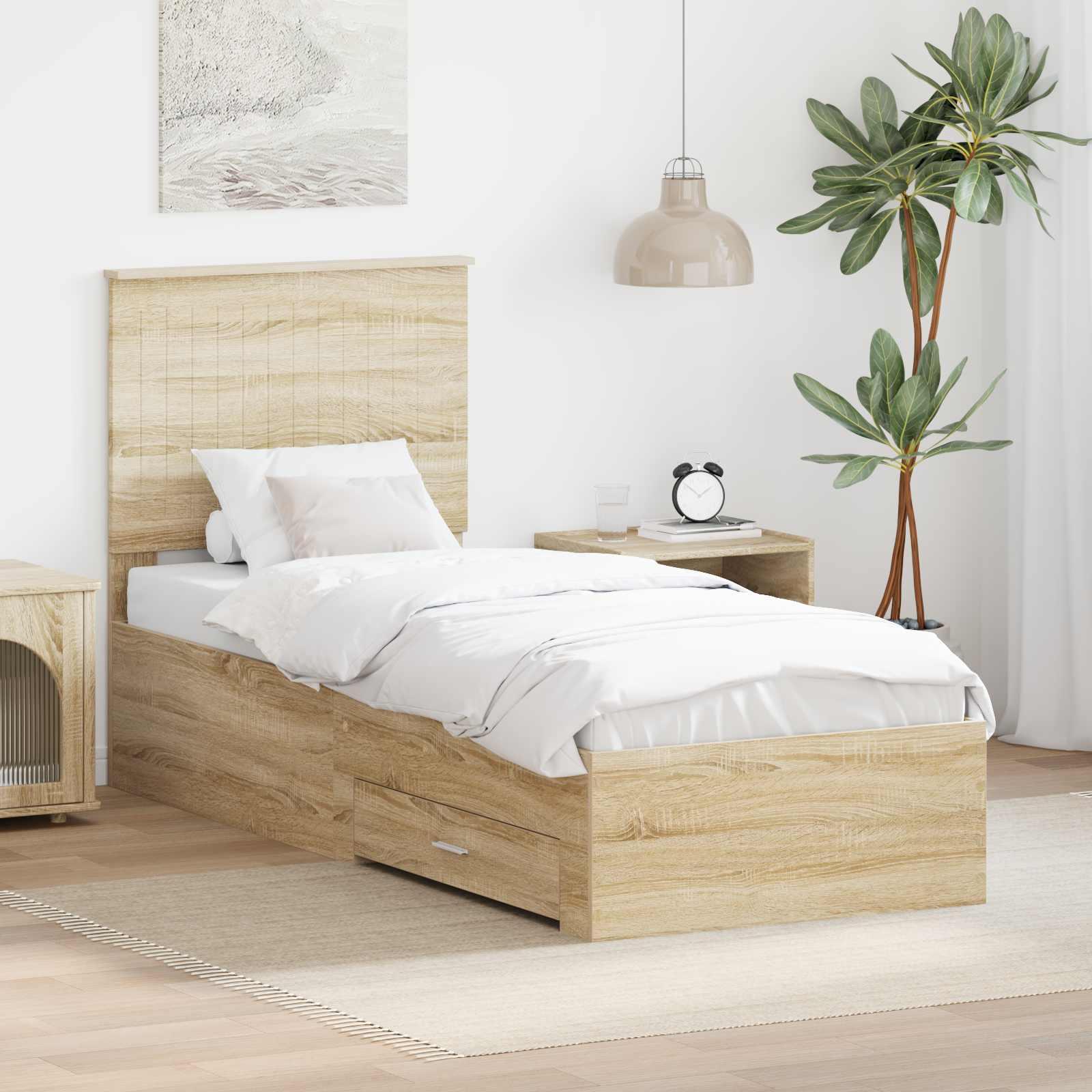 Sengestel med opbevaring - Sonoma eg/sølv, 70 × 190 cm, konstrueret træ