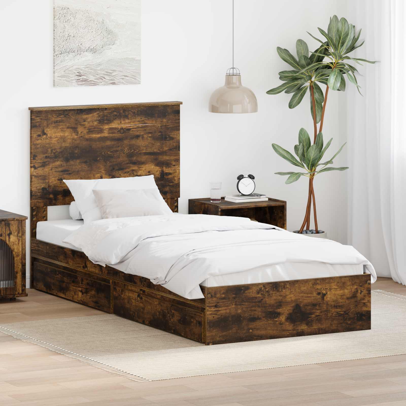 Sengestel med skuffe Røget eg 100 x 200 cm Konstrueret træ