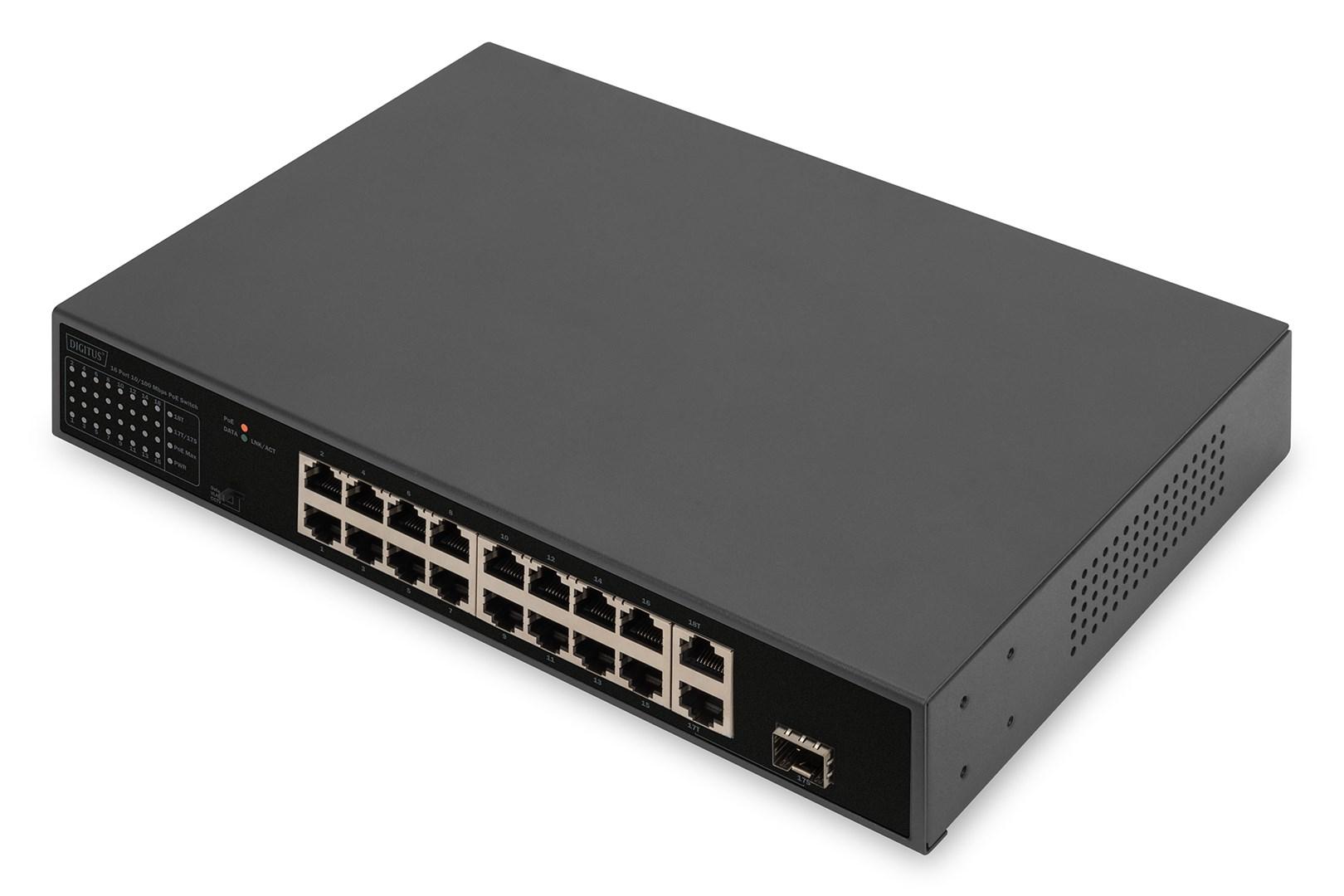 Netværksswitch DIGITUS 16-port Fast Ethernet PoE med 2 Gigabit-uplinks (RJ45/SFP) billede