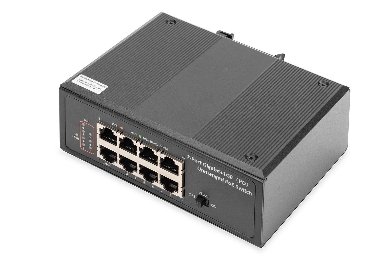 Netværksswitch Gigabit med PoE – DIGITUS 7 porte, industriel, unmanaged, 1 PD-port billede