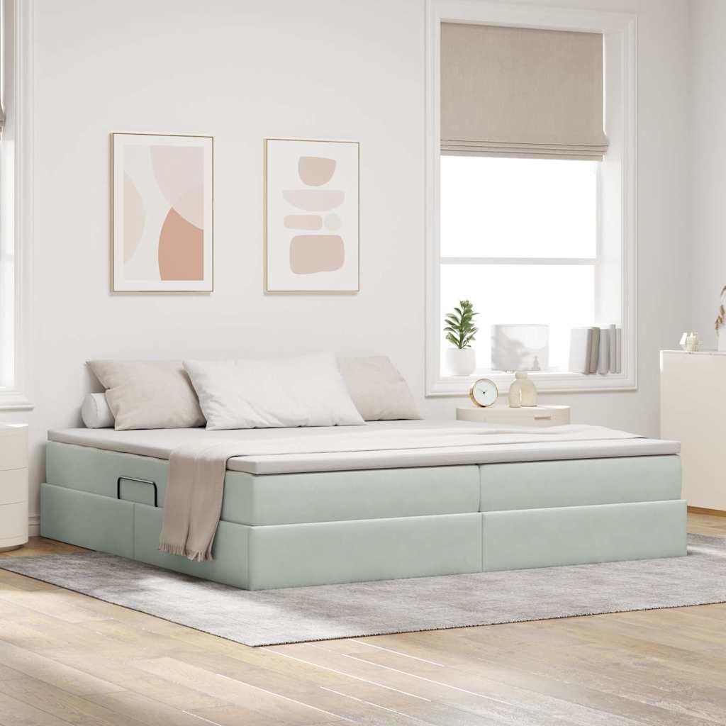 Seng med opbevaring i fløjl - lysegrå 200 × 200 cm inkl. madras