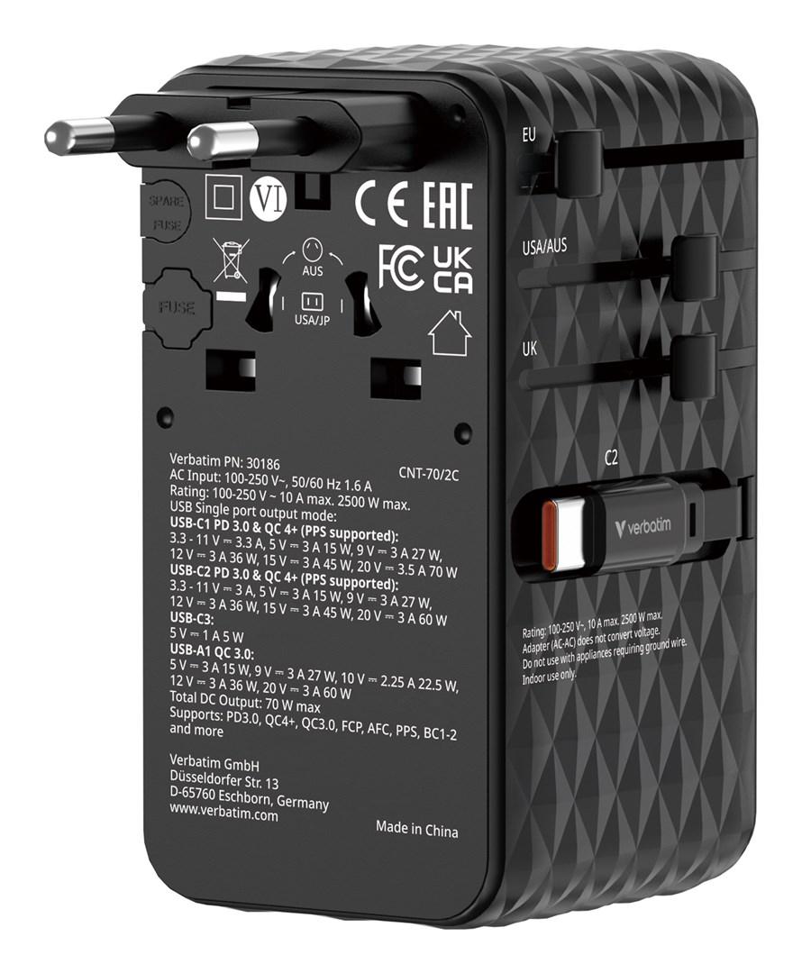 Rejseadapter med oplader 70 W - Verbatim Charge ’n’ Travel, 2× USB‑C, udtrækkelig, sort billede