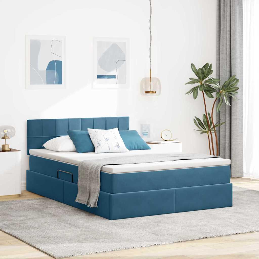 Opbevaringsseng Med Madras Fløjl - Mørkeblå / 140 x 200 cm / Block med firkanter