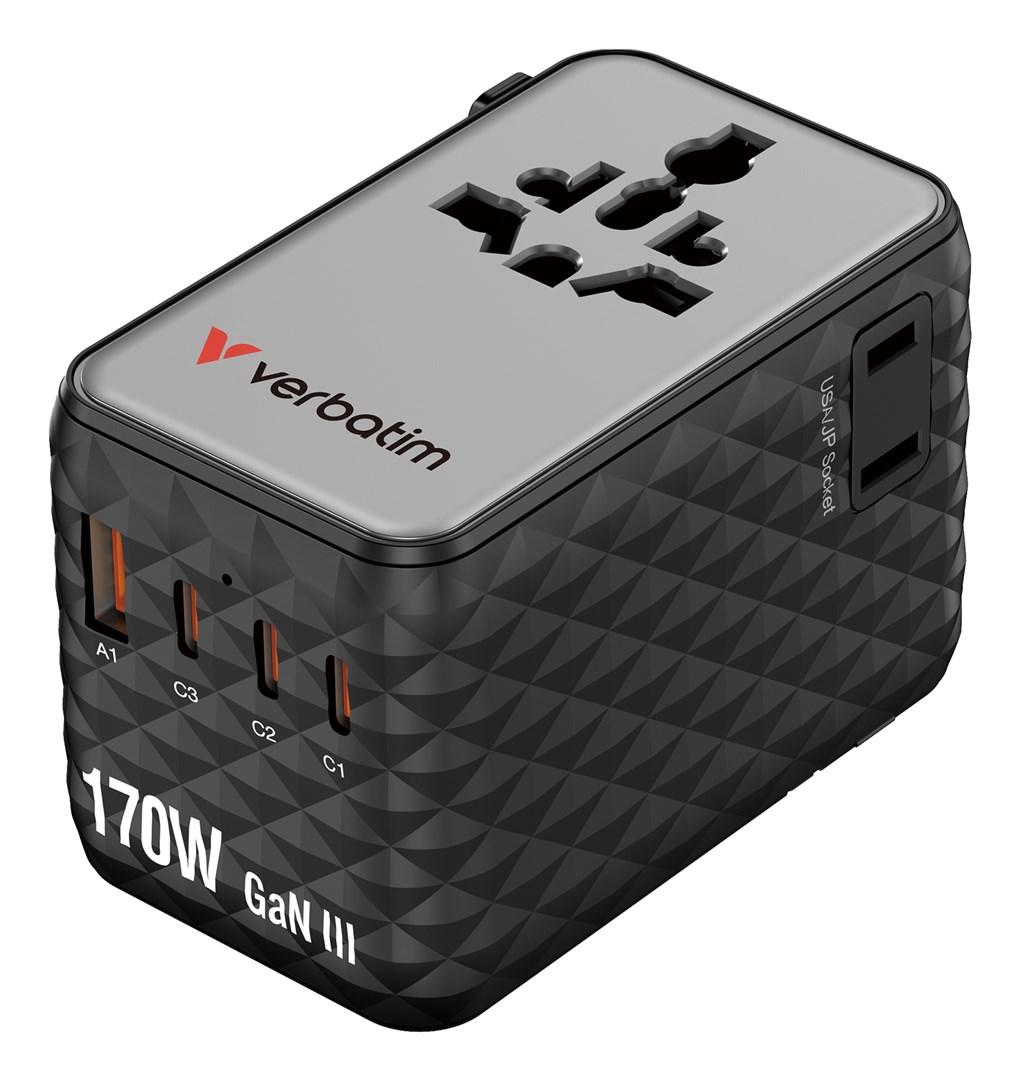 Rejseadapter med USB-C hurtigopladning 170 W - Verbatim Charge ’n’ Travel, sort billede