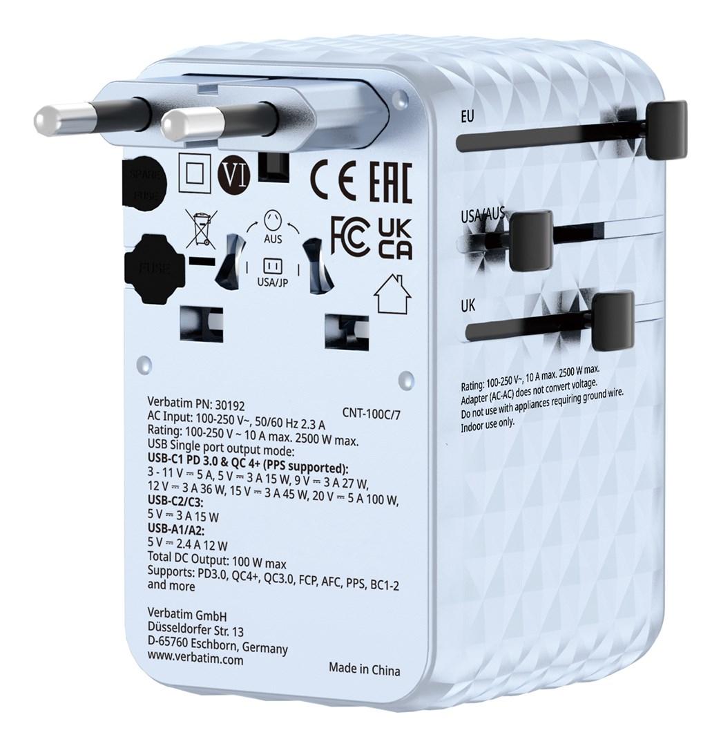 Rejseadapter med USB – Verbatim Charge ‘n’ Travel 100 W, blå billede