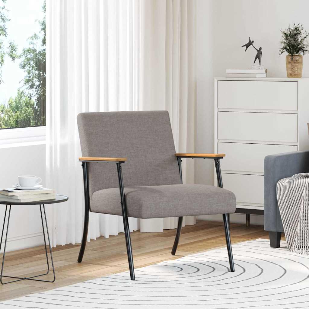 Lænestol i gråbrun stof - minimalistisk loungestol med stålben