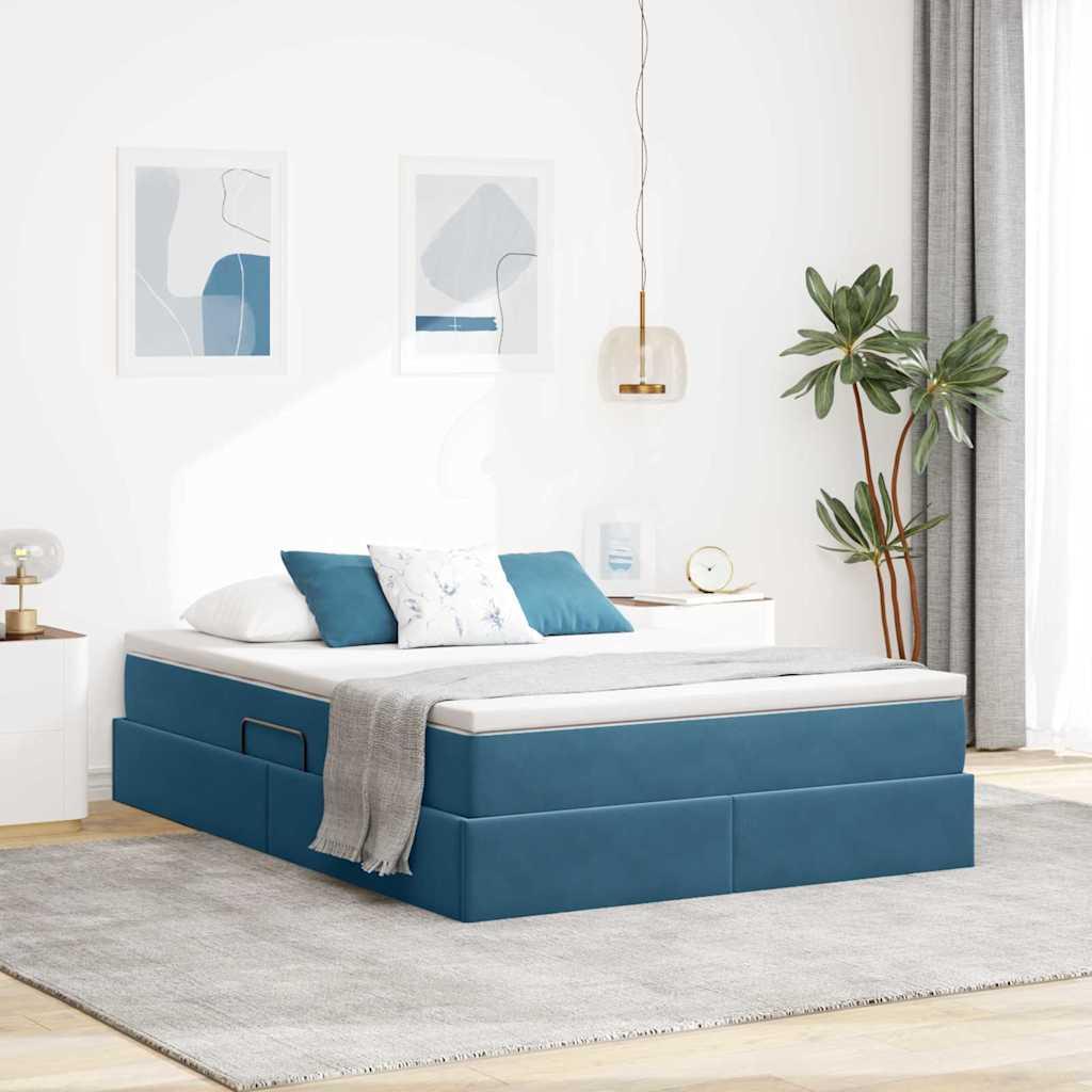 Seng med opbevaring og madras Mørk blå 140 x 190 cm Fløjl