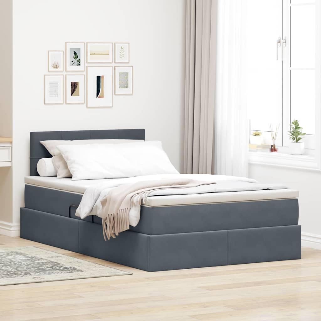 Opbevaringsseng Med Madras Fløjl - Mørkegrå / 120 x 190 cm / Block med firkanter