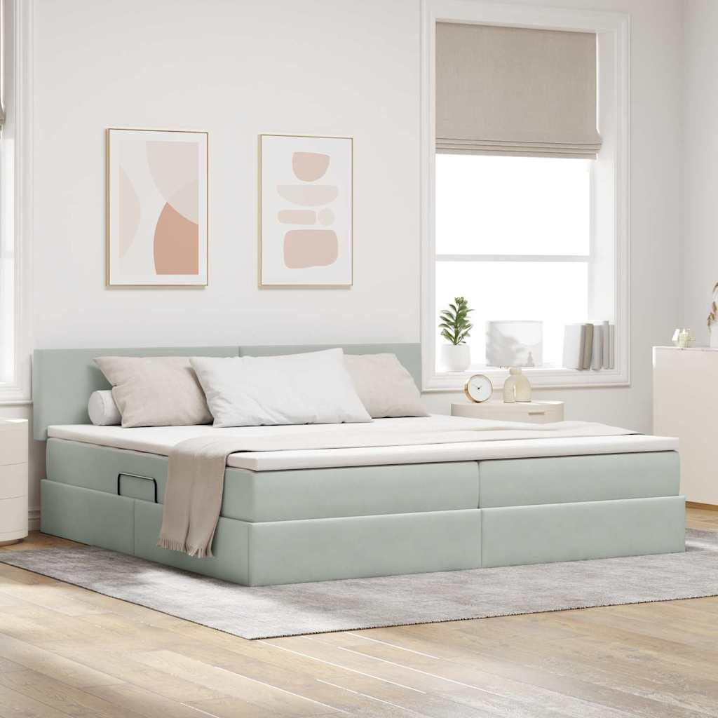 Opbevaringsseng Med Madras Fløjl - Lysegrå / 200 x 200 cm / Med ensartet mønster