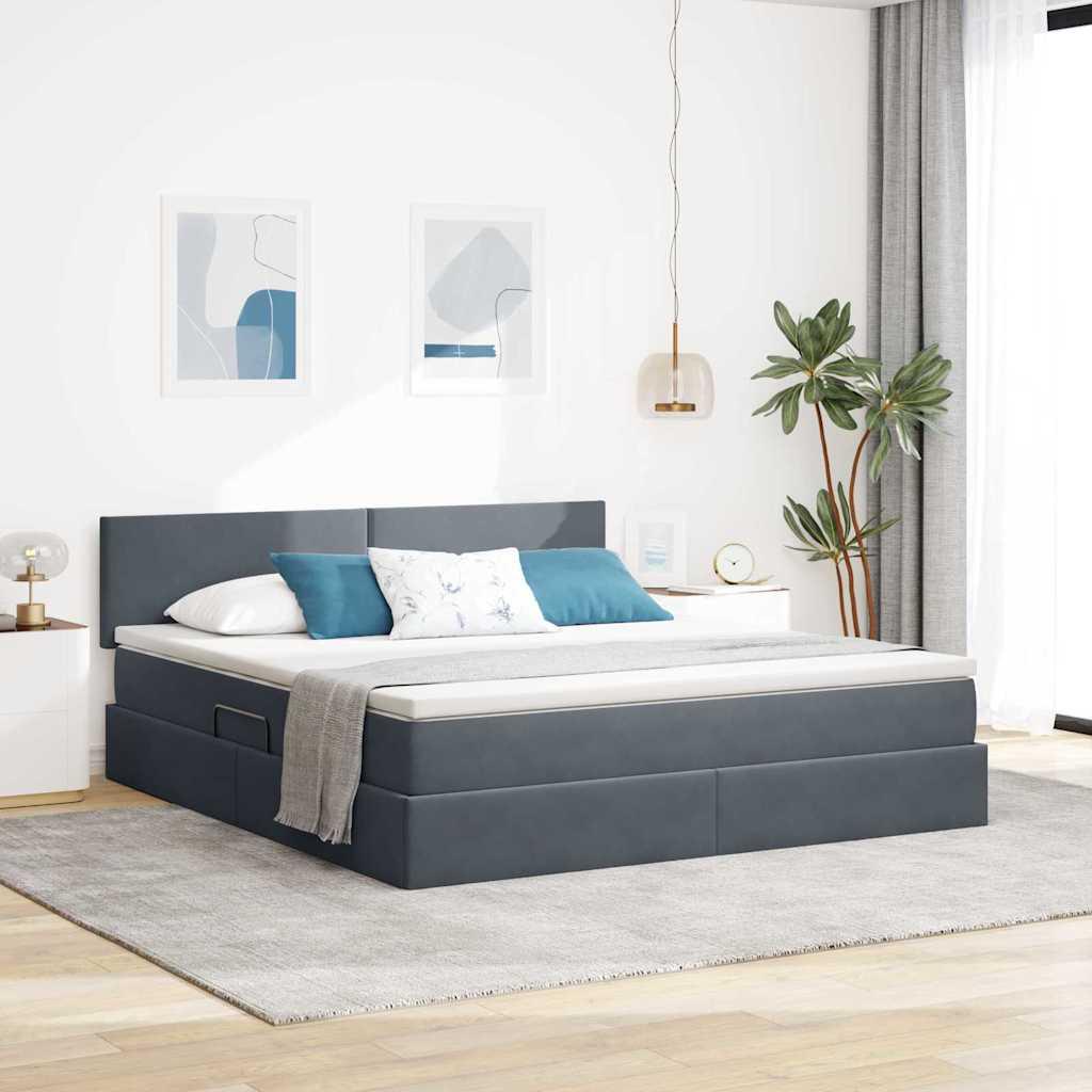 Opbevaringsseng Med Madras Fløjl - Mørkegrå / 180 x 200 cm / Med ensartet mønster
