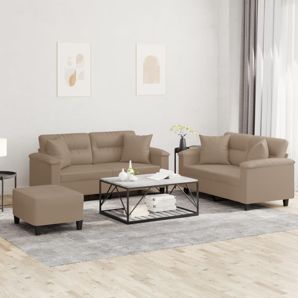 Sofasæt i kunstlæder - 3 dele med puder og fodskammel, cappuccino