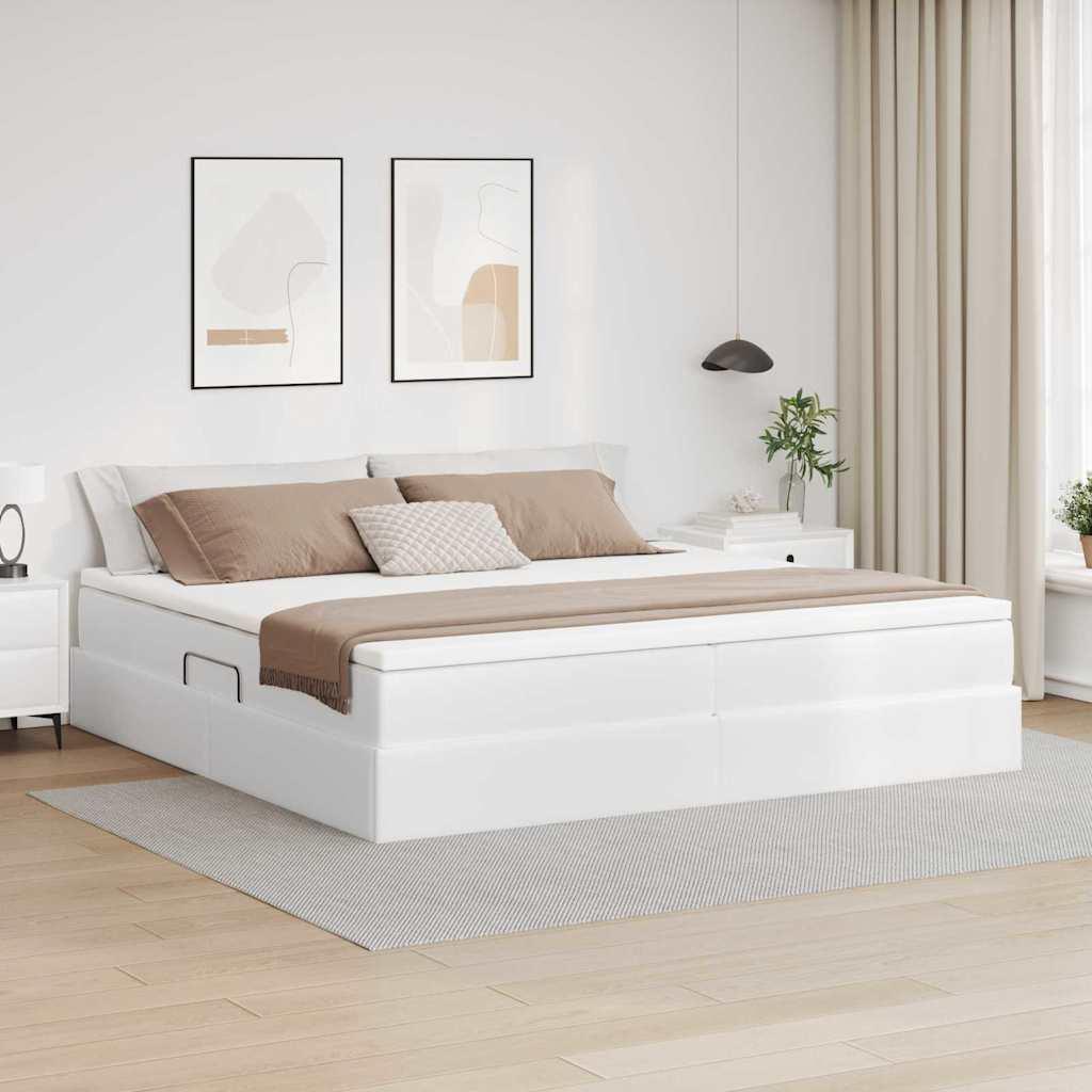 Seng med opbevaring og madras Hvid 200 x 200 cm Faux læder