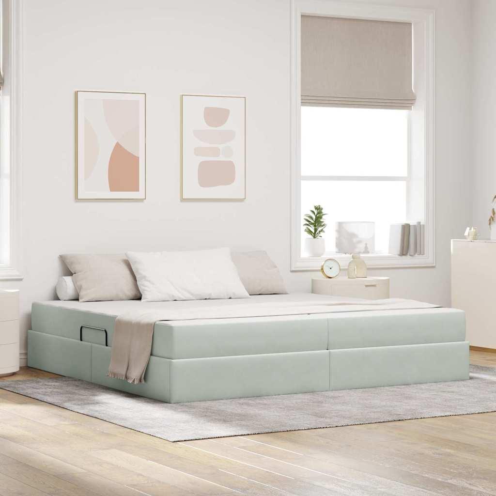 Seng Med Opbevaring Og Madras Fløjl - Lysegrå / 200 x 200 cm