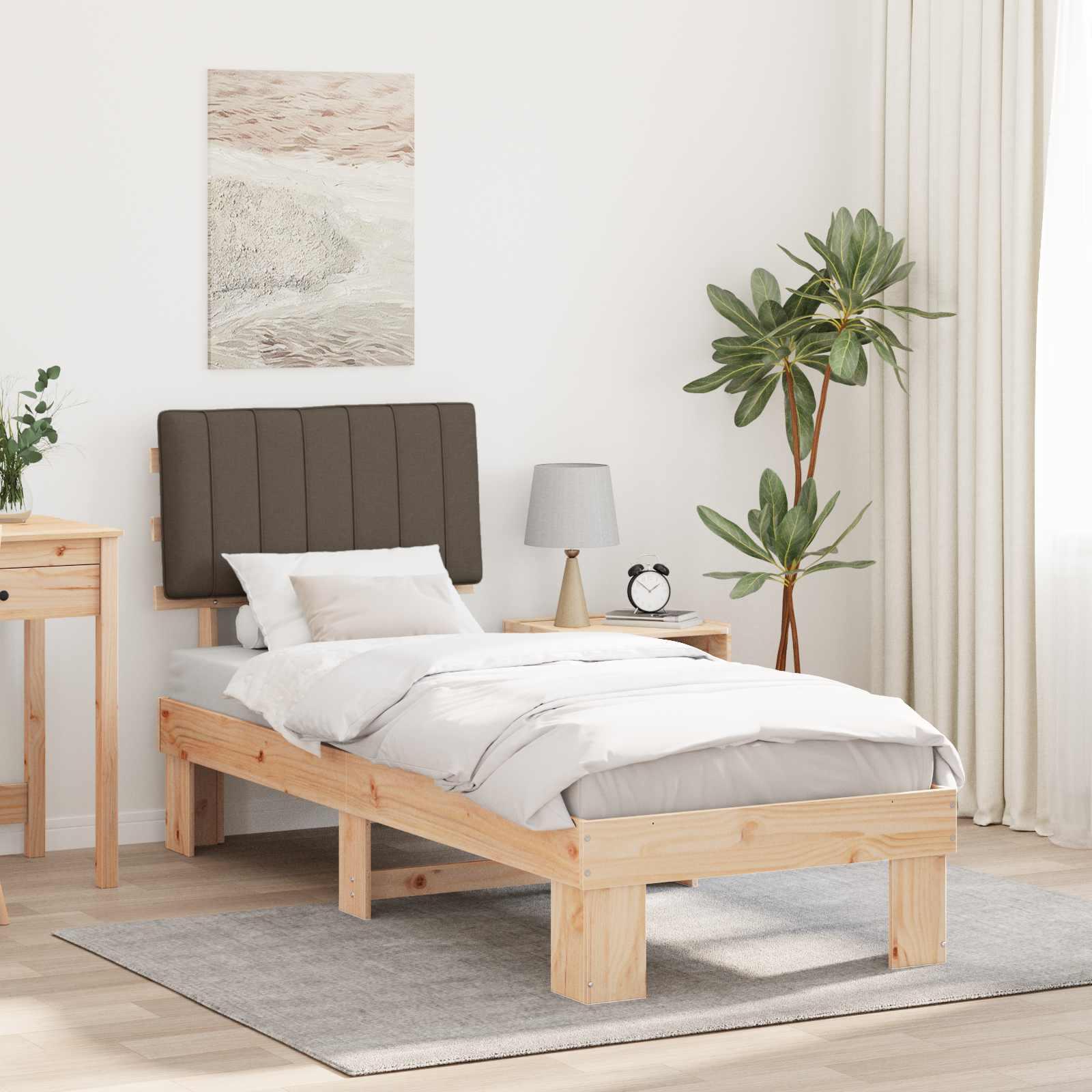 Sengestel med polstret hovedgavl - gråbrun 75 × 190 cm, massiv fyrretræ