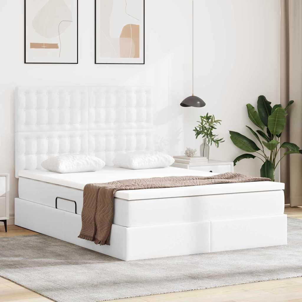 Opbevaringsseng Med Madras Faux Læder - Hvid / 140 x 200 cm