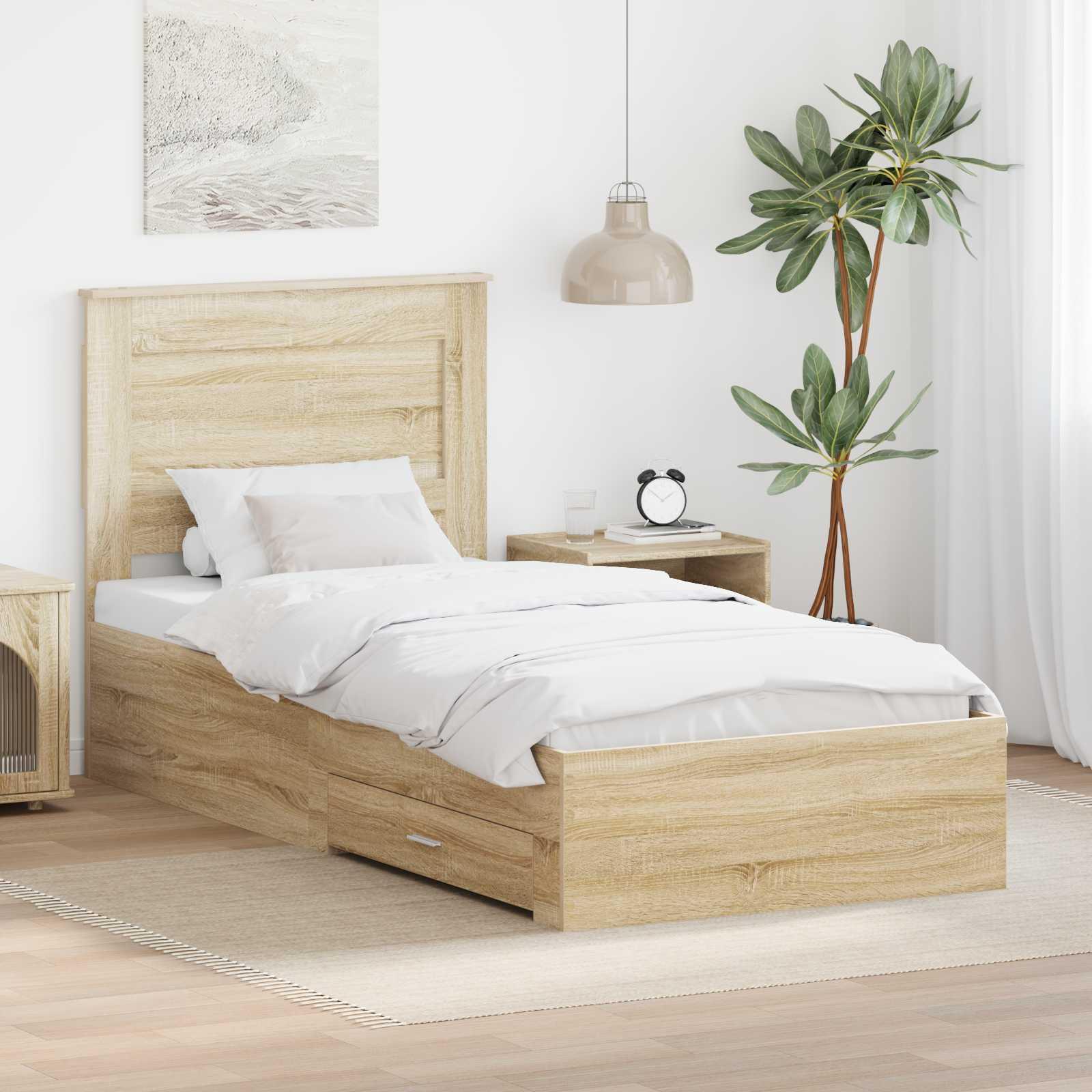 Sengestel med opbevaring - Sonoma eg/sølv 75 x 190 cm, konstrueret træ