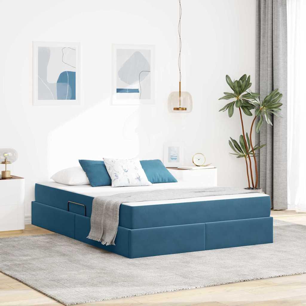 Seng med opbevaring og madras Mørk blå 140 x 200 cm Fløjl