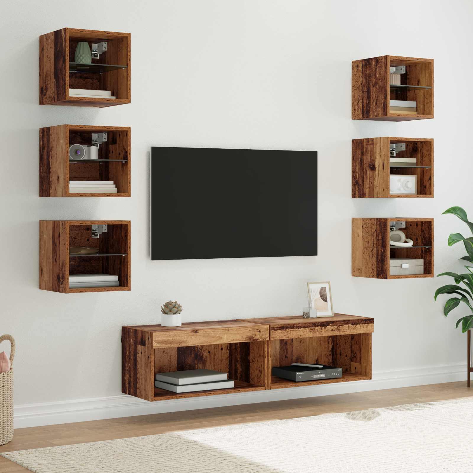 TV-skab med LED -strimmellys med skuffe 8 stk Gammelt træ Glas