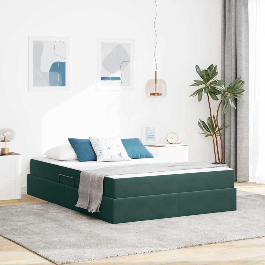 Seng med opbevaring og madras Mørkegrøn 140 x 200 cm Fløjl