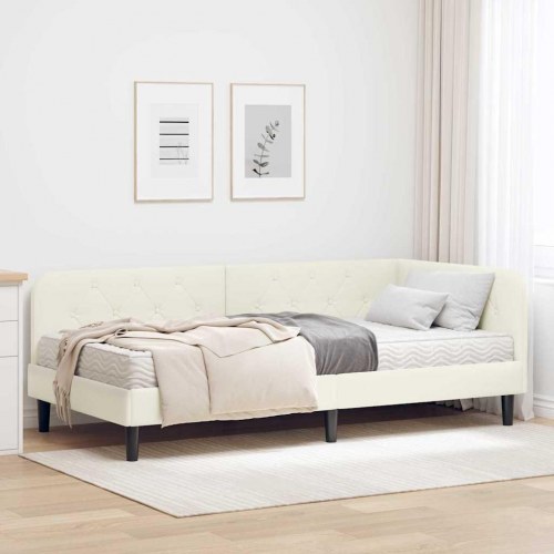 Hjørneseng i fløjl 100x200 cm - creme med madras